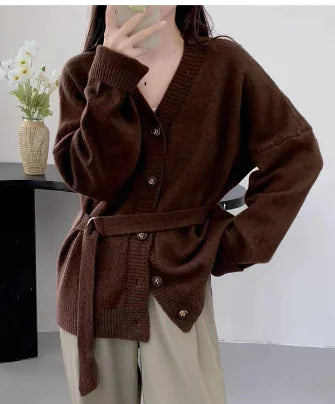 Chic Korean Autumn Winter V-Neck Boucle Jacket with Belt