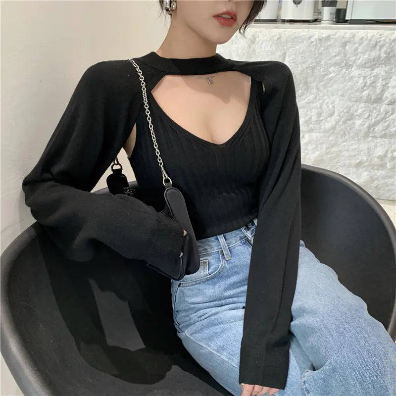 Korean Style Long Sleeve Crop Hoodie with Cape Design