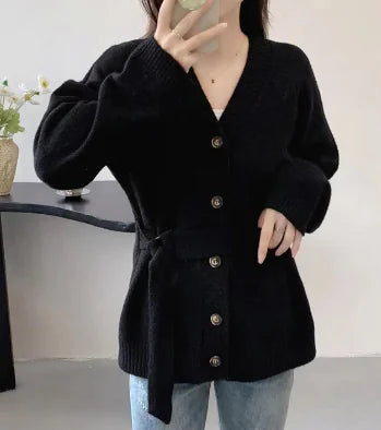 Chic Korean Autumn Winter V-Neck Boucle Jacket with Belt