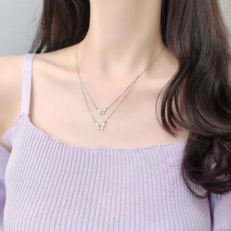 Silver Butterfly Layered Necklace for Friends