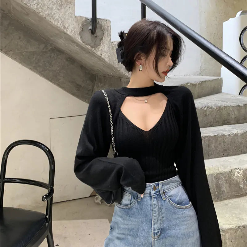 Korean Style Long Sleeve Crop Hoodie with Cape Design