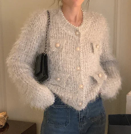 Pearl Shiny Yarn Cardigan Sweater