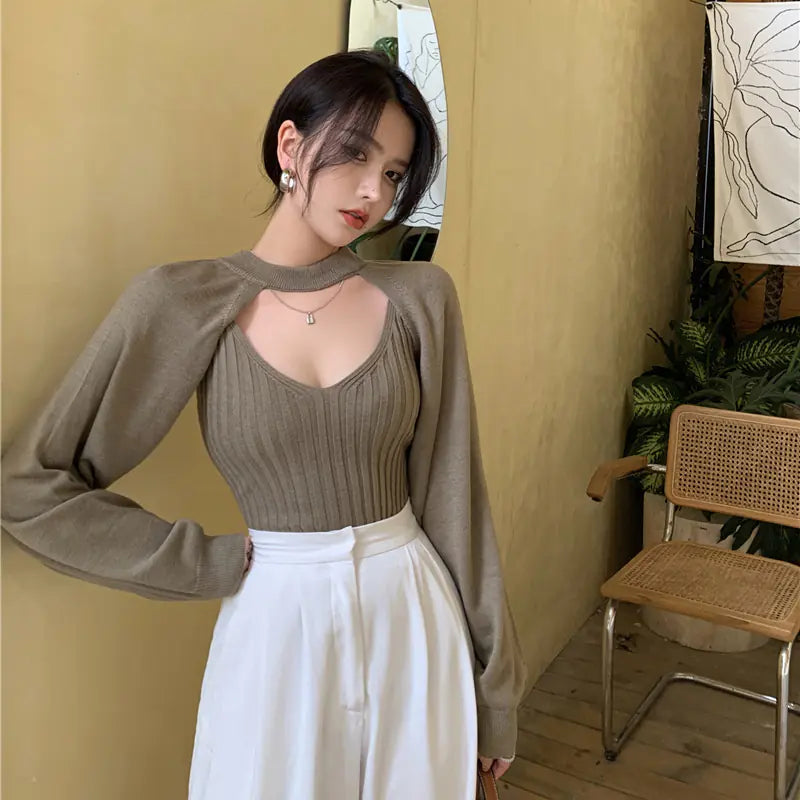 Korean Style Long Sleeve Crop Hoodie with Cape Design