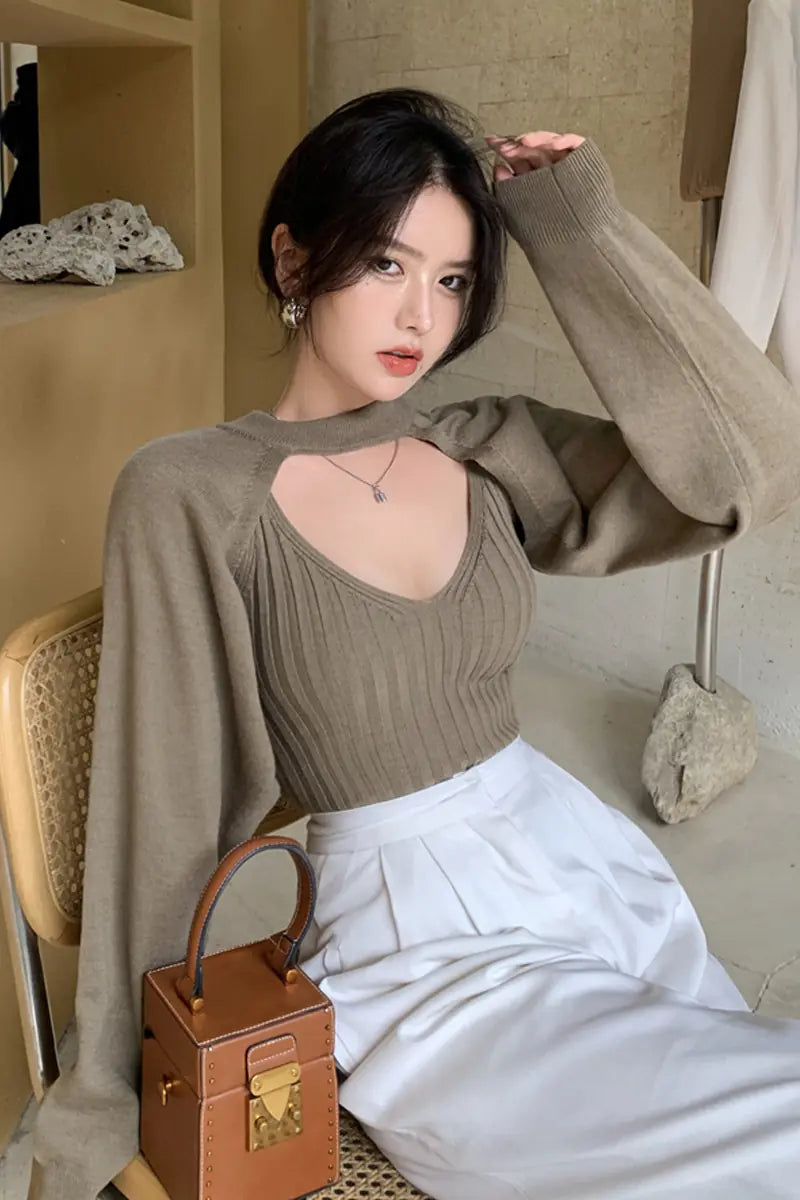 Korean Style Long Sleeve Crop Hoodie with Cape Design