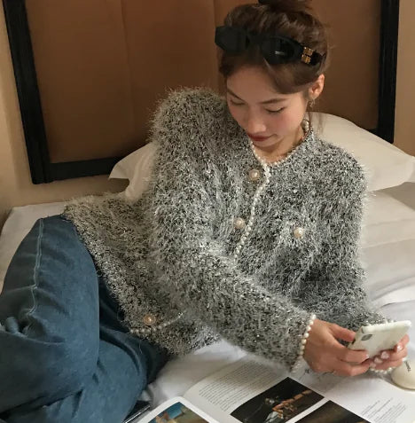 Pearl Shiny Yarn Cardigan Sweater